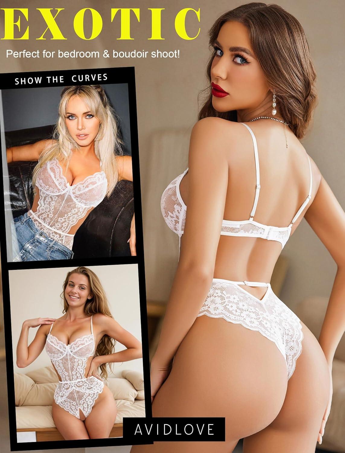 imageAvidlove Women Lingerie Lace Bodysuit Teddy Lingeries V Neck Cut Out One Piece Mini BabydollWhite