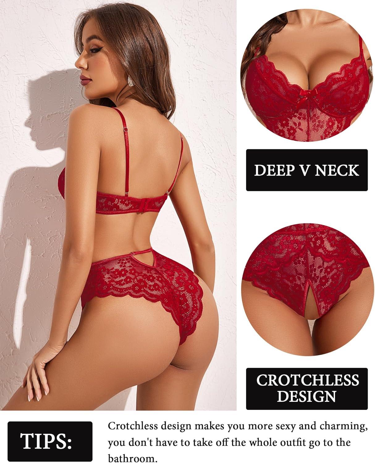 imageAvidlove Women Lingerie Lace Bodysuit Teddy Lingeries V Neck Cut Out One Piece Mini BabydollWine Red