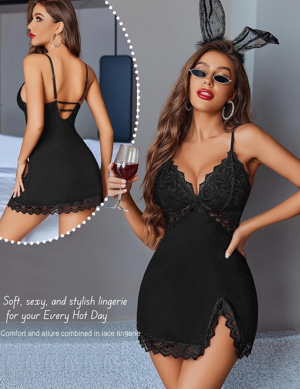 imageAvidlove Women Lingerie Lace Nightgown Chemise Spaghetti Strap Babydoll Modal Sleepwear VNeck Full Slip Side Slit NightwearBlack