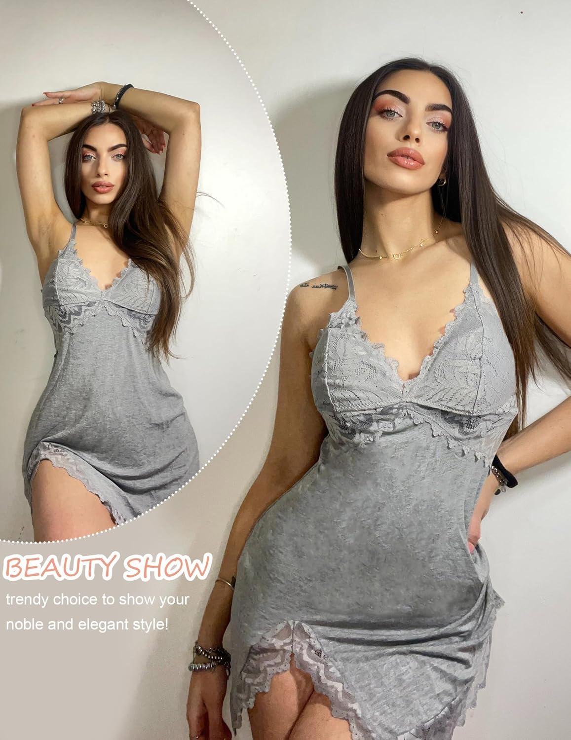 imageAvidlove Women Lingerie Lace Nightgown Chemise Spaghetti Strap Babydoll Modal Sleepwear VNeck Full Slip Side Slit NightwearGray
