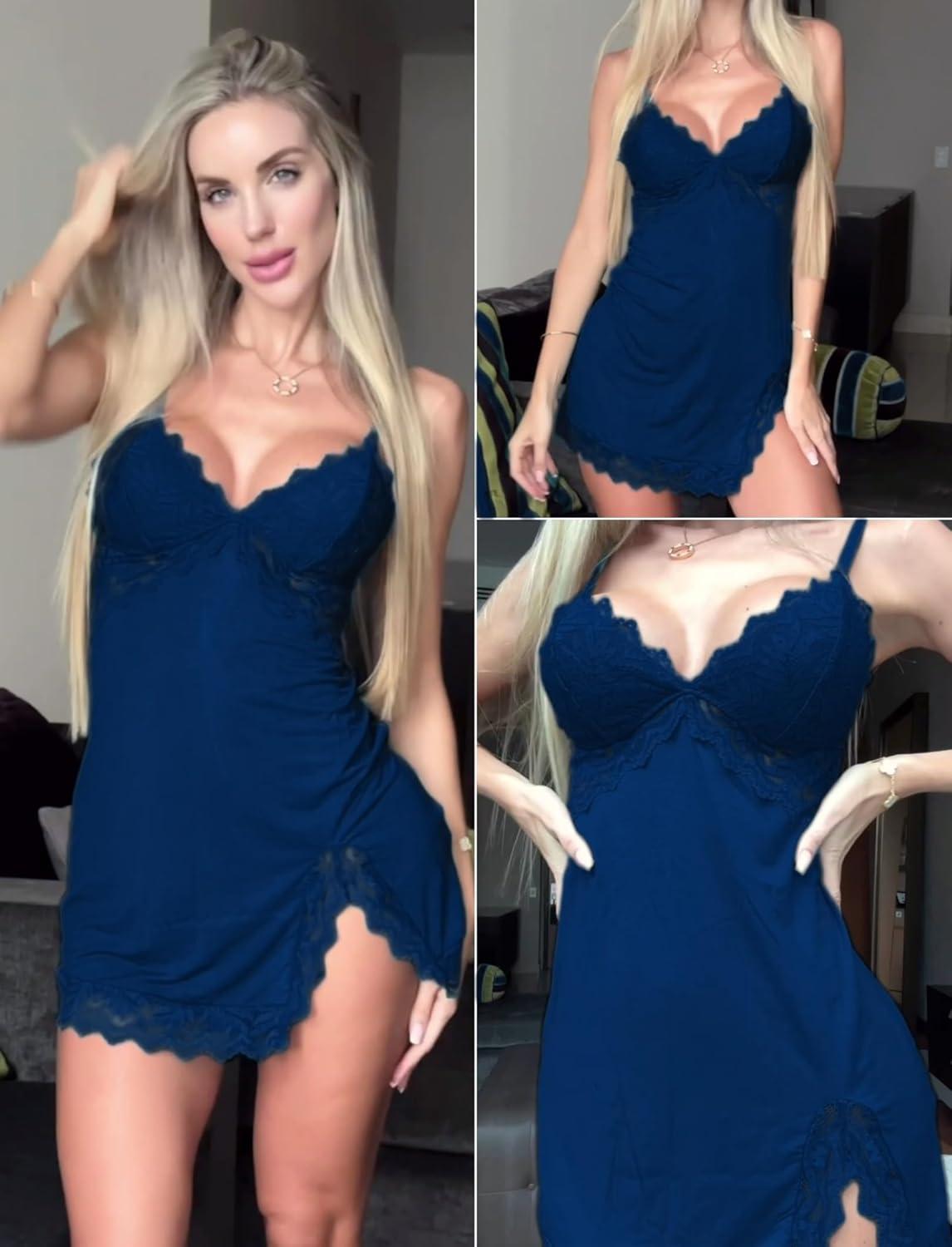 imageAvidlove Women Lingerie Lace Nightgown Chemise Spaghetti Strap Babydoll Modal Sleepwear VNeck Full Slip Side Slit NightwearNavy Blue