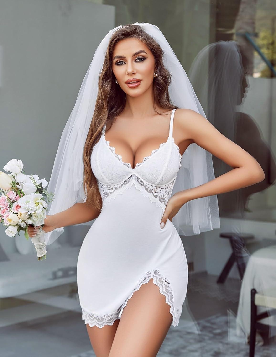 imageAvidlove Women Lingerie Lace Nightgown Chemise Spaghetti Strap Babydoll Modal Sleepwear VNeck Full Slip Side Slit NightwearWhite