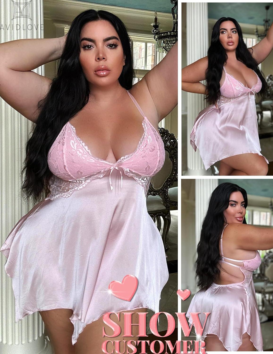 imageAvidlove Women Lingerie Satin Nightgown Sleepwear V Neck Silk Lace Chemise Mini Teddy SXXLPink