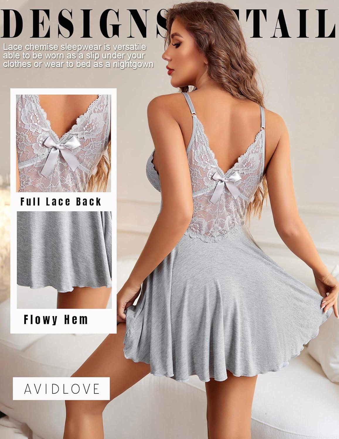 imageAvidlove Women Lingerie Sexy Chemise Nightgown Lace Babydoll Full Slip Dress SleepwearGray