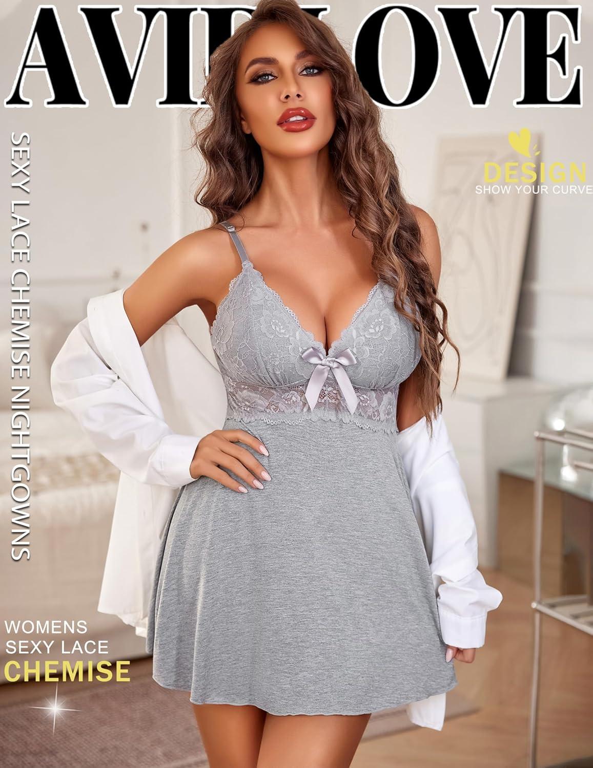 imageAvidlove Women Lingerie Sexy Chemise Nightgown Lace Babydoll Full Slip Dress SleepwearGray