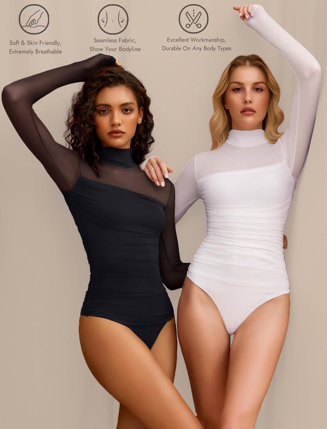 imageAvidlove Women Long Sleeve Bodysuit Turtle Neck Shapewear Body Suits Mesh One Piece Leotard Shirt Going Out Tops Fall OutfitsBlack