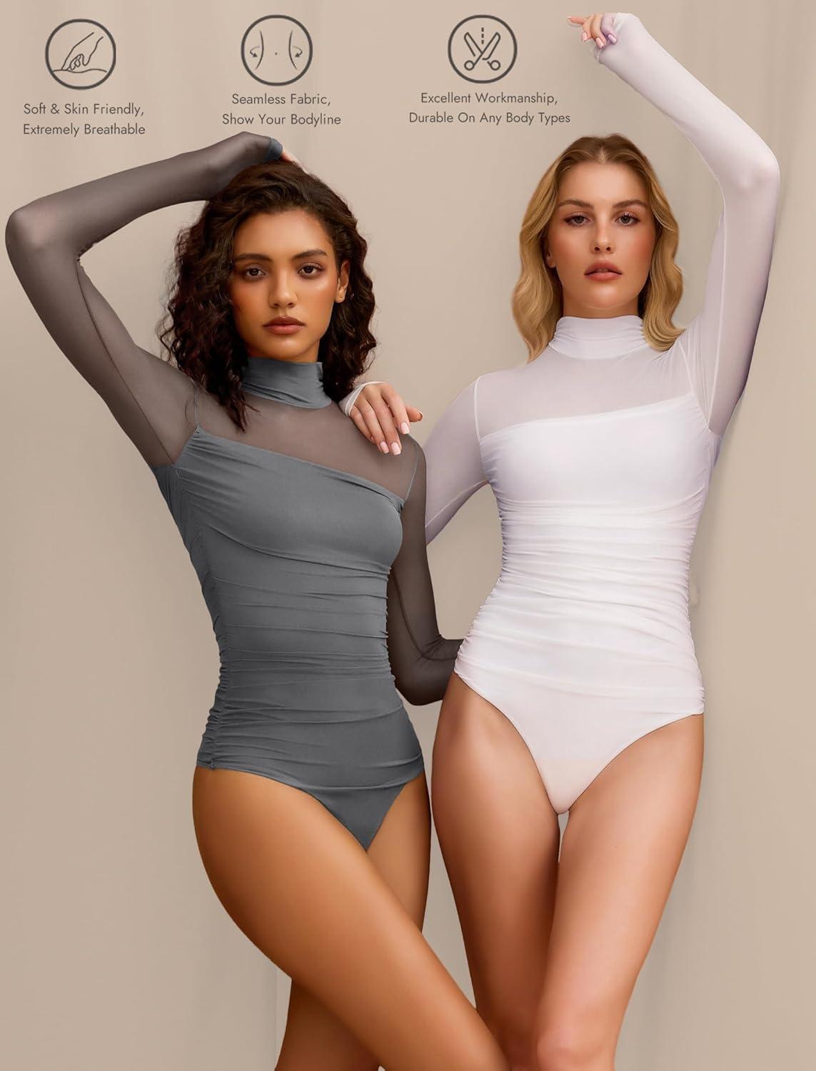 imageAvidlove Women Long Sleeve Bodysuit Turtle Neck Shapewear Body Suits Mesh One Piece Leotard Shirt Going Out Tops Fall OutfitsDeep Grey