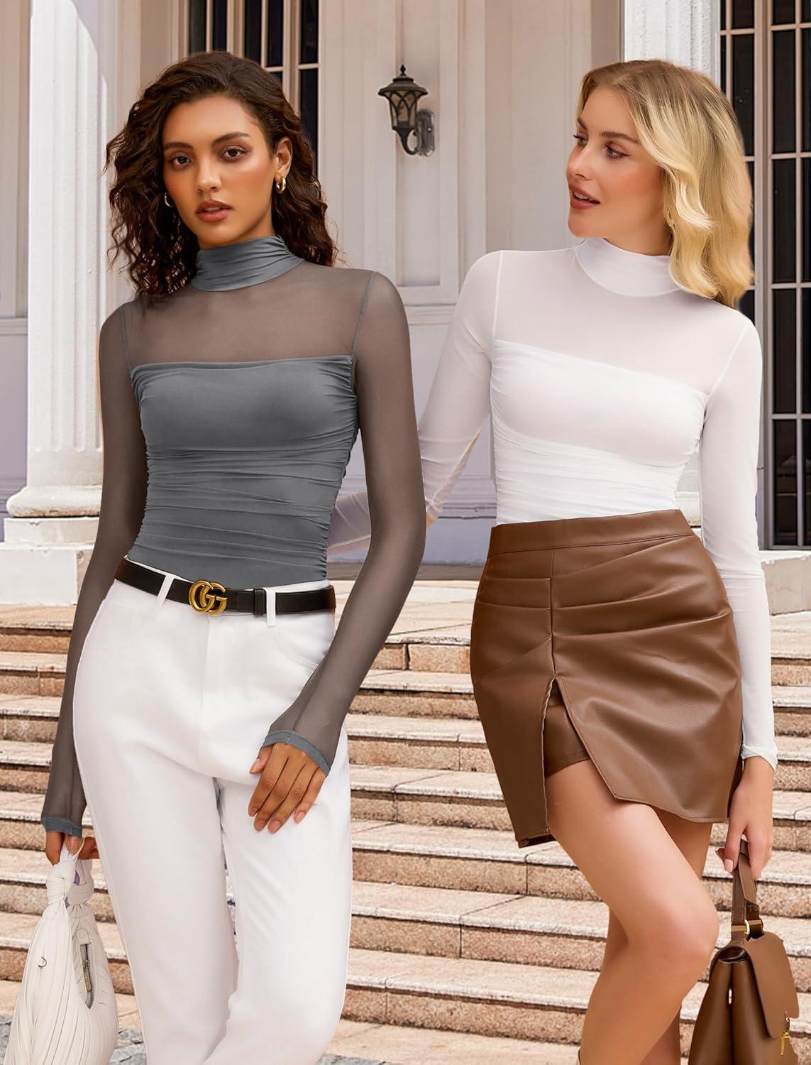 imageAvidlove Women Long Sleeve Bodysuit Turtle Neck Shapewear Body Suits Mesh One Piece Leotard Shirt Going Out Tops Fall OutfitsDeep Grey