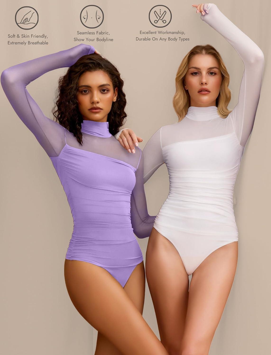 imageAvidlove Women Long Sleeve Bodysuit Turtle Neck Shapewear Body Suits Mesh One Piece Leotard Shirt Going Out Tops Fall OutfitsLilac