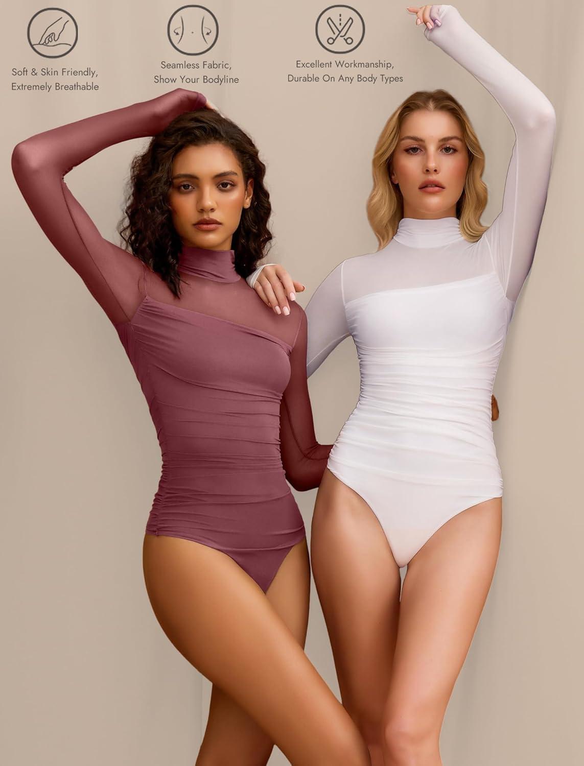 imageAvidlove Women Long Sleeve Bodysuit Turtle Neck Shapewear Body Suits Mesh One Piece Leotard Shirt Going Out Tops Fall OutfitsPurple