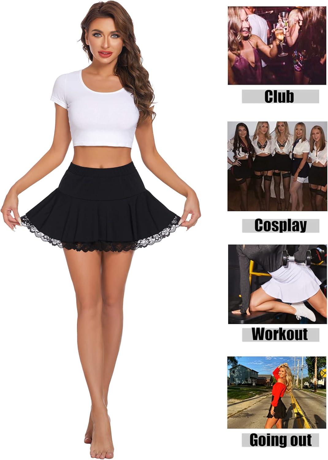 imageAvidlove Women Pleated Mini Skirt Sexy Lace Ruffle Solid Skirt Lingerie Short SkirtsBlack