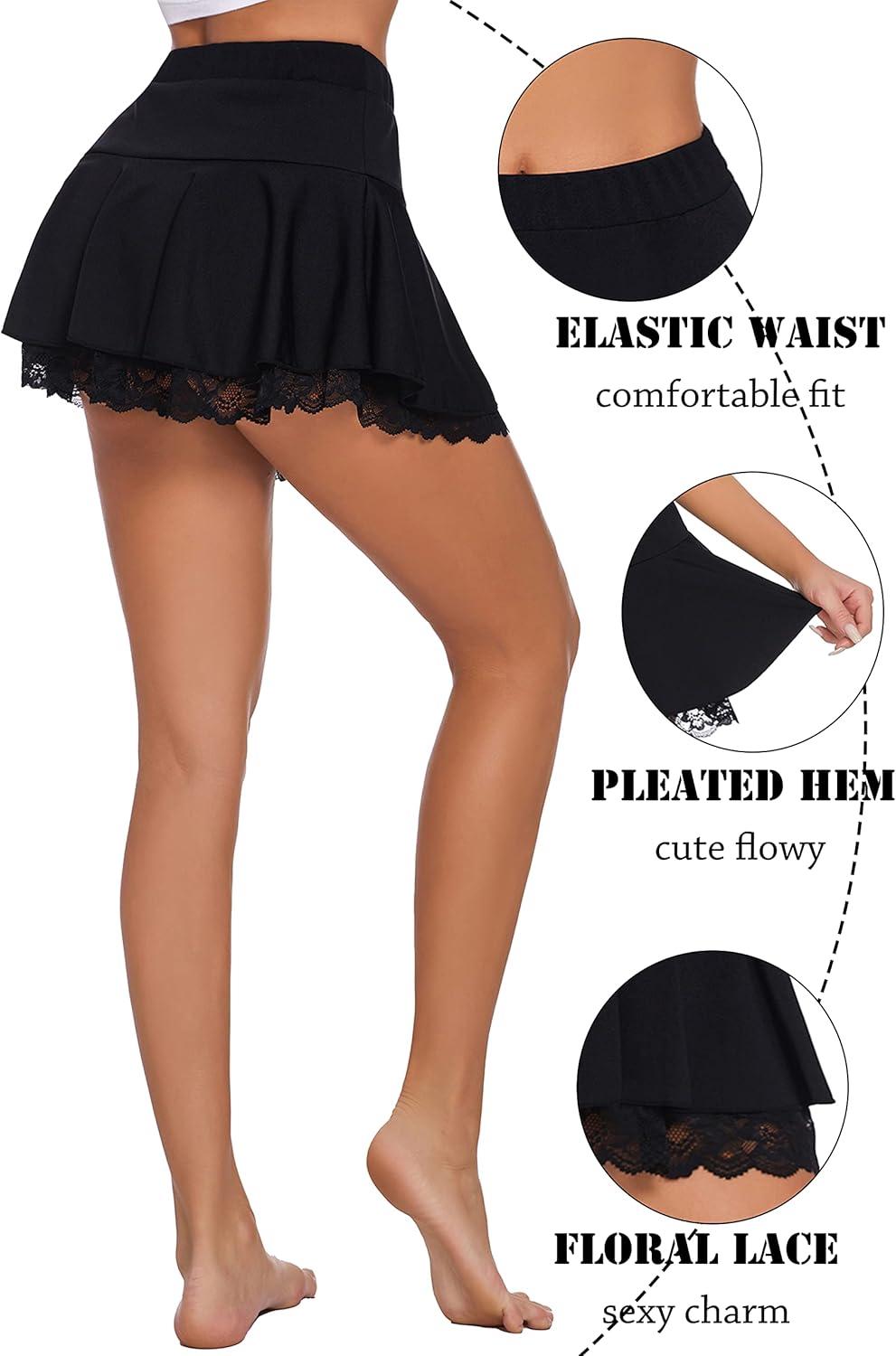 imageAvidlove Women Pleated Mini Skirt Sexy Lace Ruffle Solid Skirt Lingerie Short SkirtsBlack