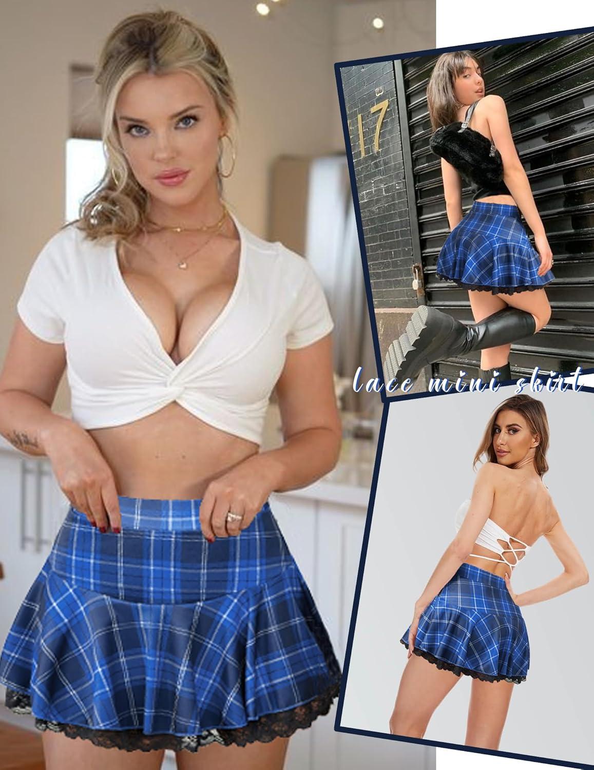 imageAvidlove Women Pleated Mini Skirt Sexy Lace Ruffle Solid Skirt Lingerie Short SkirtsBlue Plaid