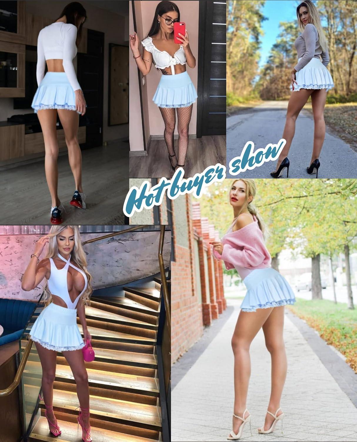 imageAvidlove Women Pleated Mini Skirt Sexy Lace Ruffle Solid Skirt Lingerie Short SkirtsClear Blue
