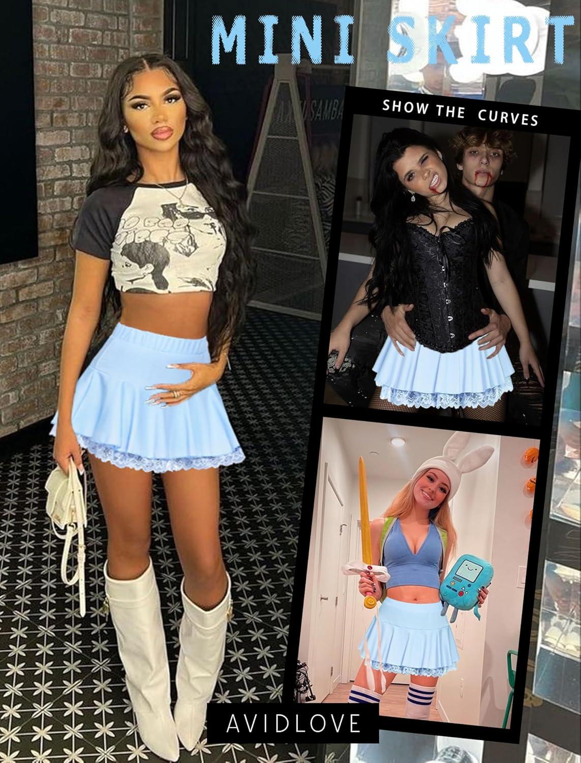 imageAvidlove Women Pleated Mini Skirt Sexy Lace Ruffle Solid Skirt Lingerie Short SkirtsClear Blue