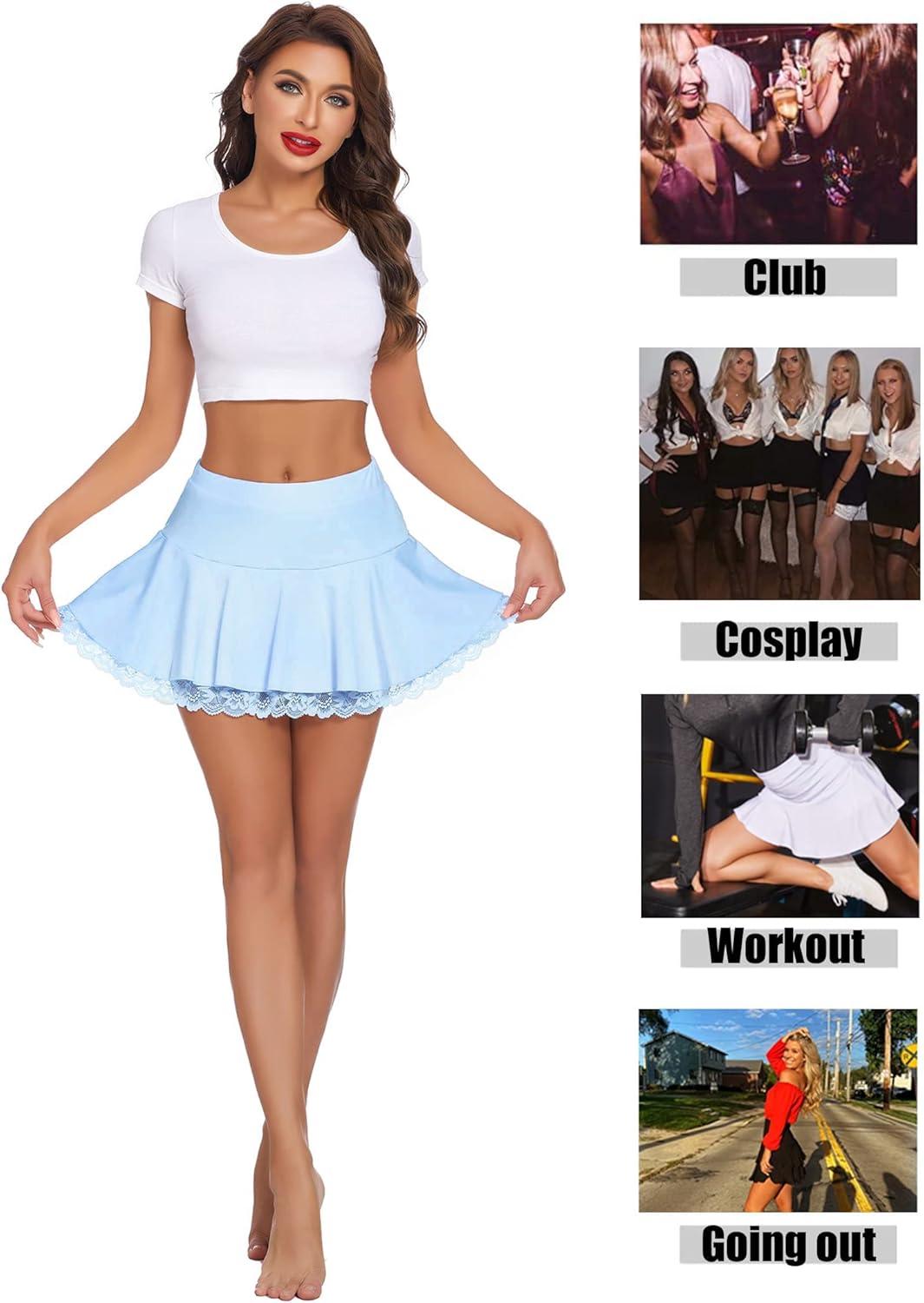 imageAvidlove Women Pleated Mini Skirt Sexy Lace Ruffle Solid Skirt Lingerie Short SkirtsClear Blue