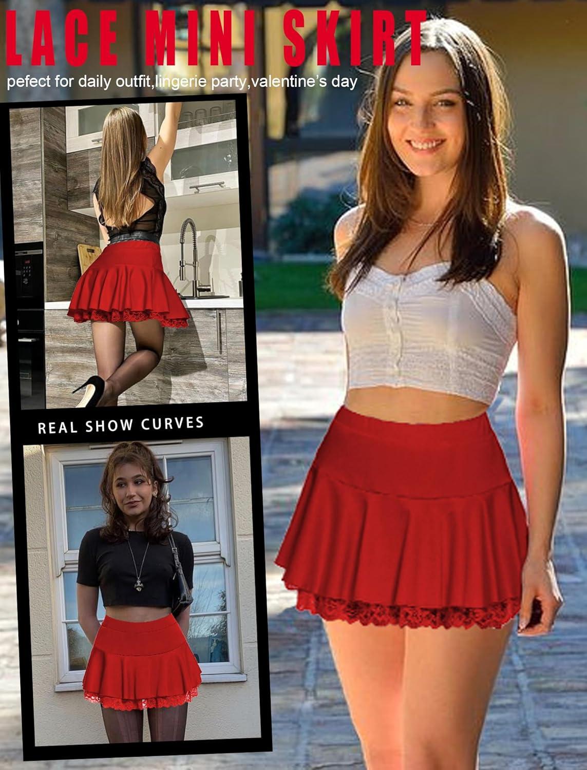 imageAvidlove Women Pleated Mini Skirt Sexy Lace Ruffle Solid Skirt Lingerie Short SkirtsDark Red