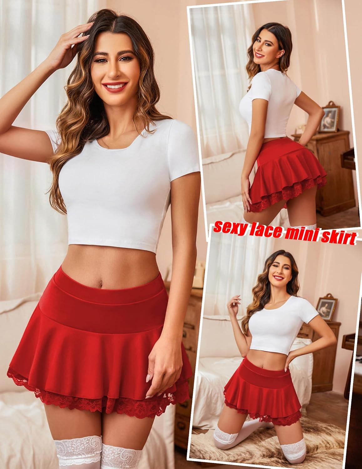 imageAvidlove Women Pleated Mini Skirt Sexy Lace Ruffle Solid Skirt Lingerie Short SkirtsDark Red