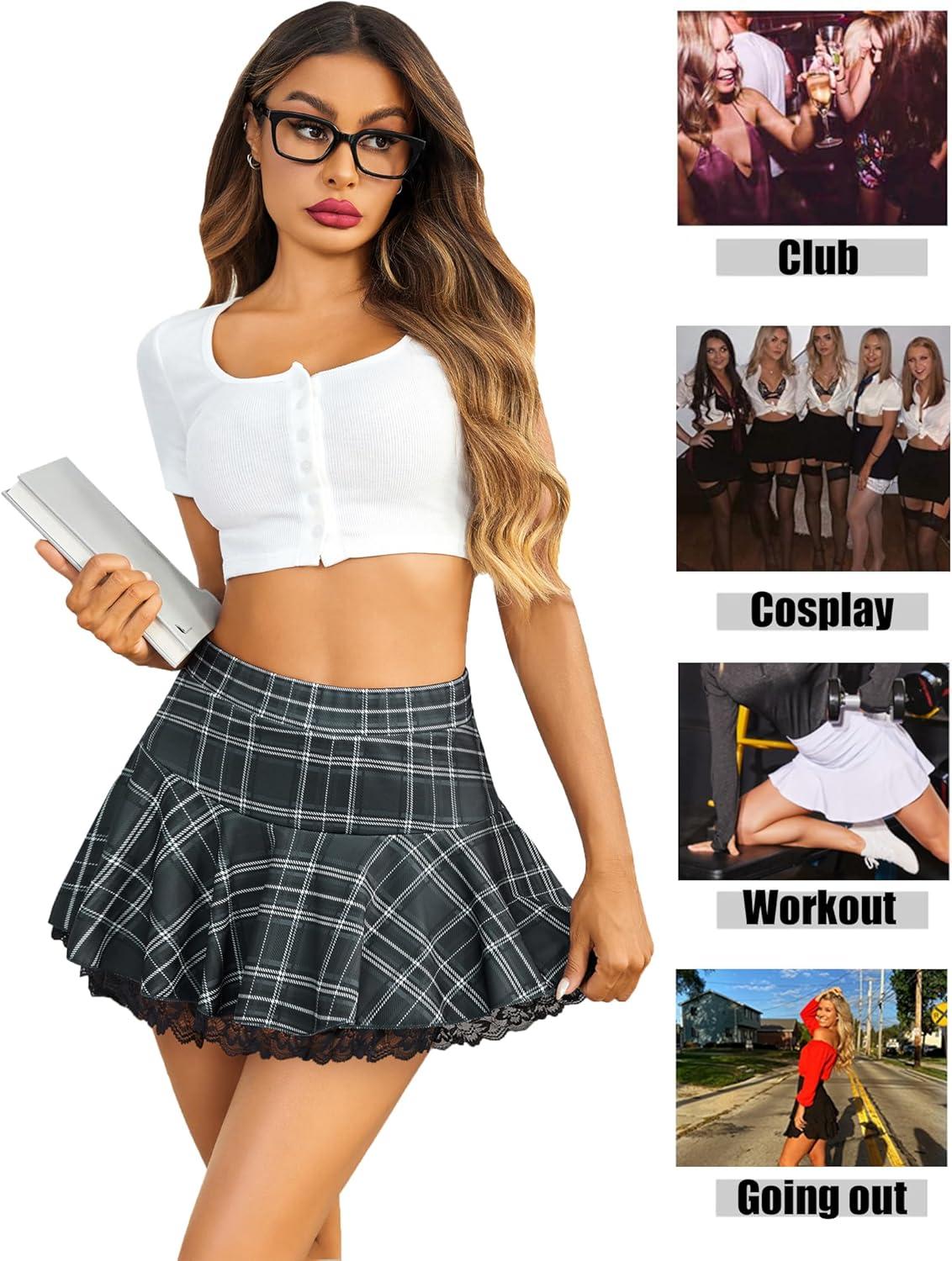 imageAvidlove Women Pleated Mini Skirt Sexy Lace Ruffle Solid Skirt Lingerie Short SkirtsGray Plaid