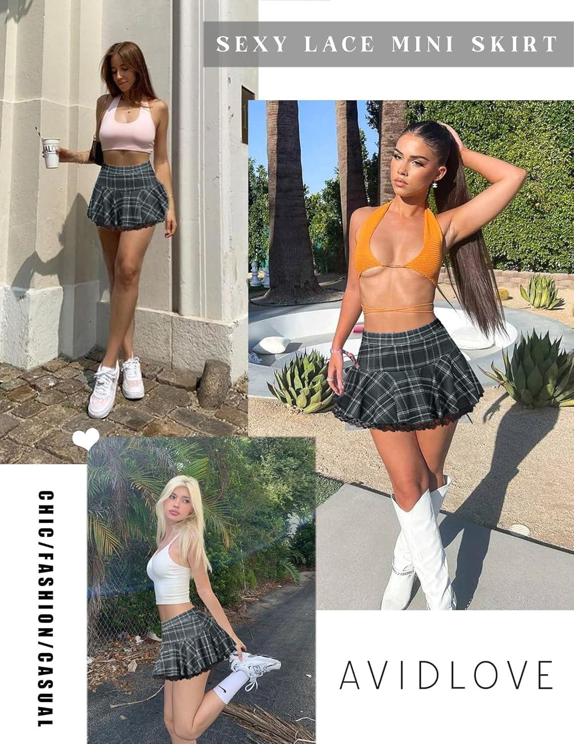 imageAvidlove Women Pleated Mini Skirt Sexy Lace Ruffle Solid Skirt Lingerie Short SkirtsGray Plaid