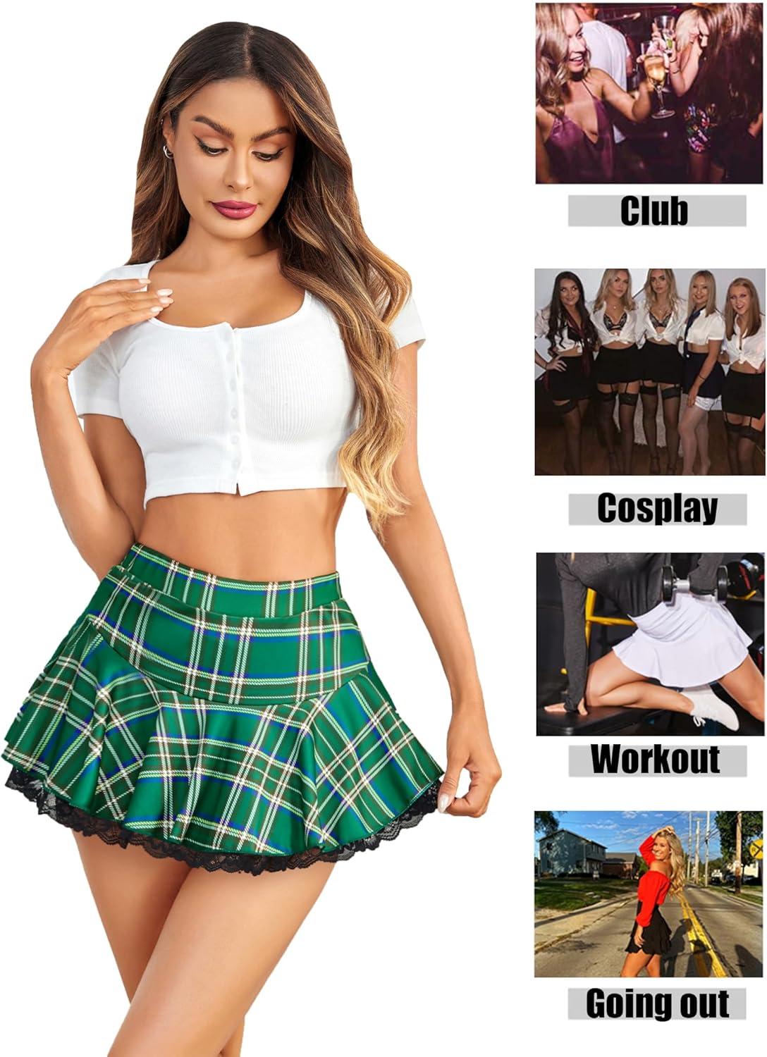 imageAvidlove Women Pleated Mini Skirt Sexy Lace Ruffle Solid Skirt Lingerie Short SkirtsGreen Plaid