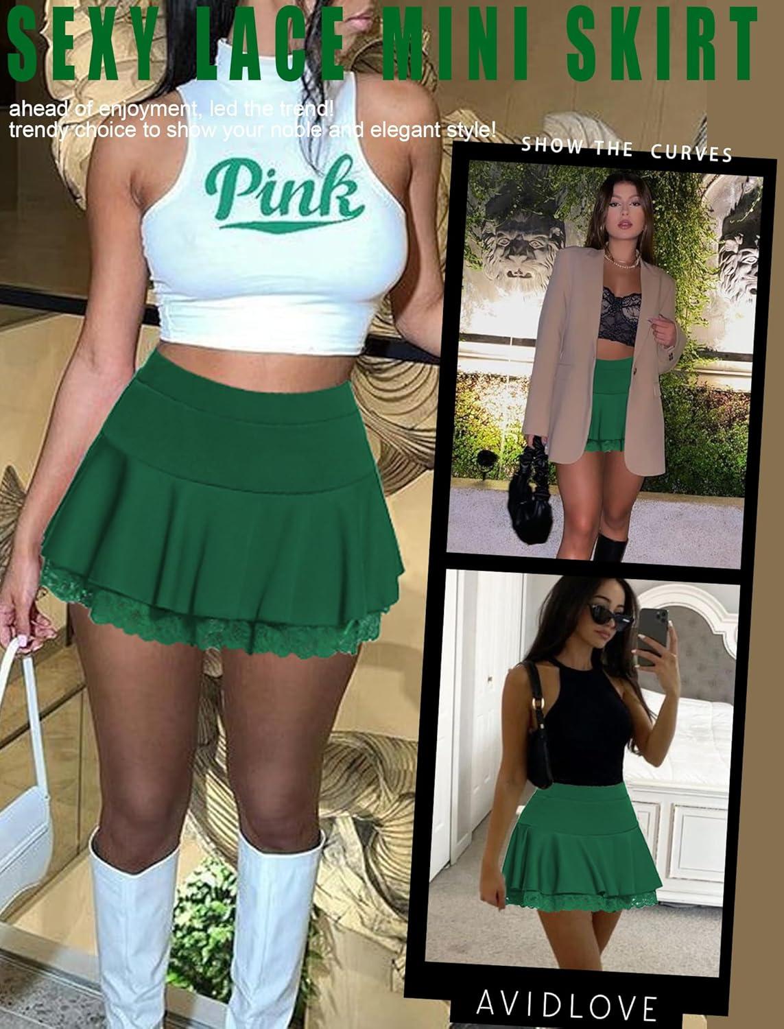 imageAvidlove Women Pleated Mini Skirt Sexy Lace Ruffle Solid Skirt Lingerie Short SkirtsLight Green