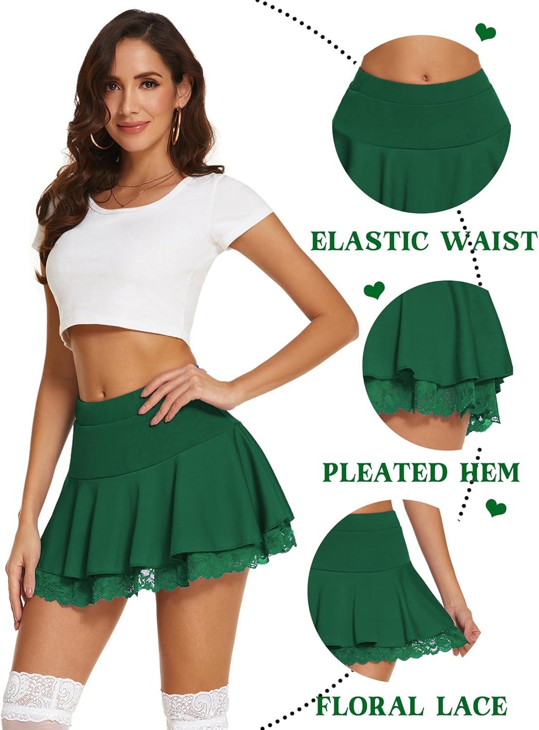 imageAvidlove Women Pleated Mini Skirt Sexy Lace Ruffle Solid Skirt Lingerie Short SkirtsLight Green