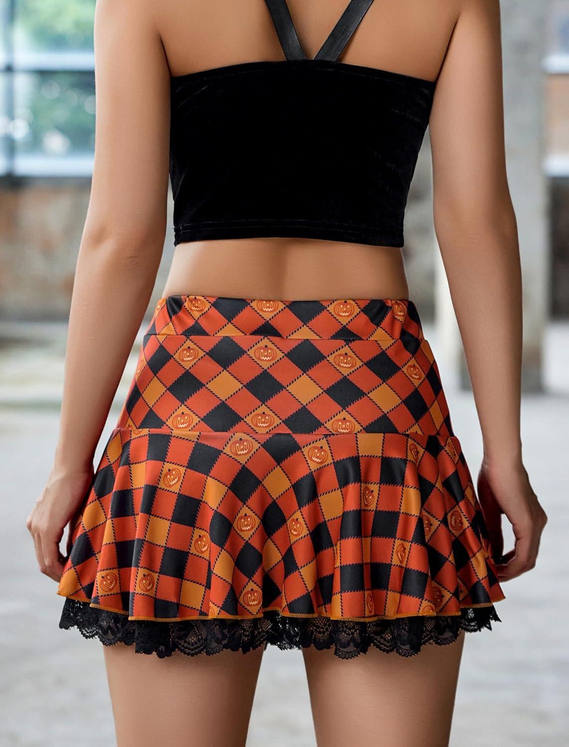 imageAvidlove Women Pleated Mini Skirt Sexy Lace Ruffle Solid Skirt Lingerie Short SkirtsOrange Halloween
