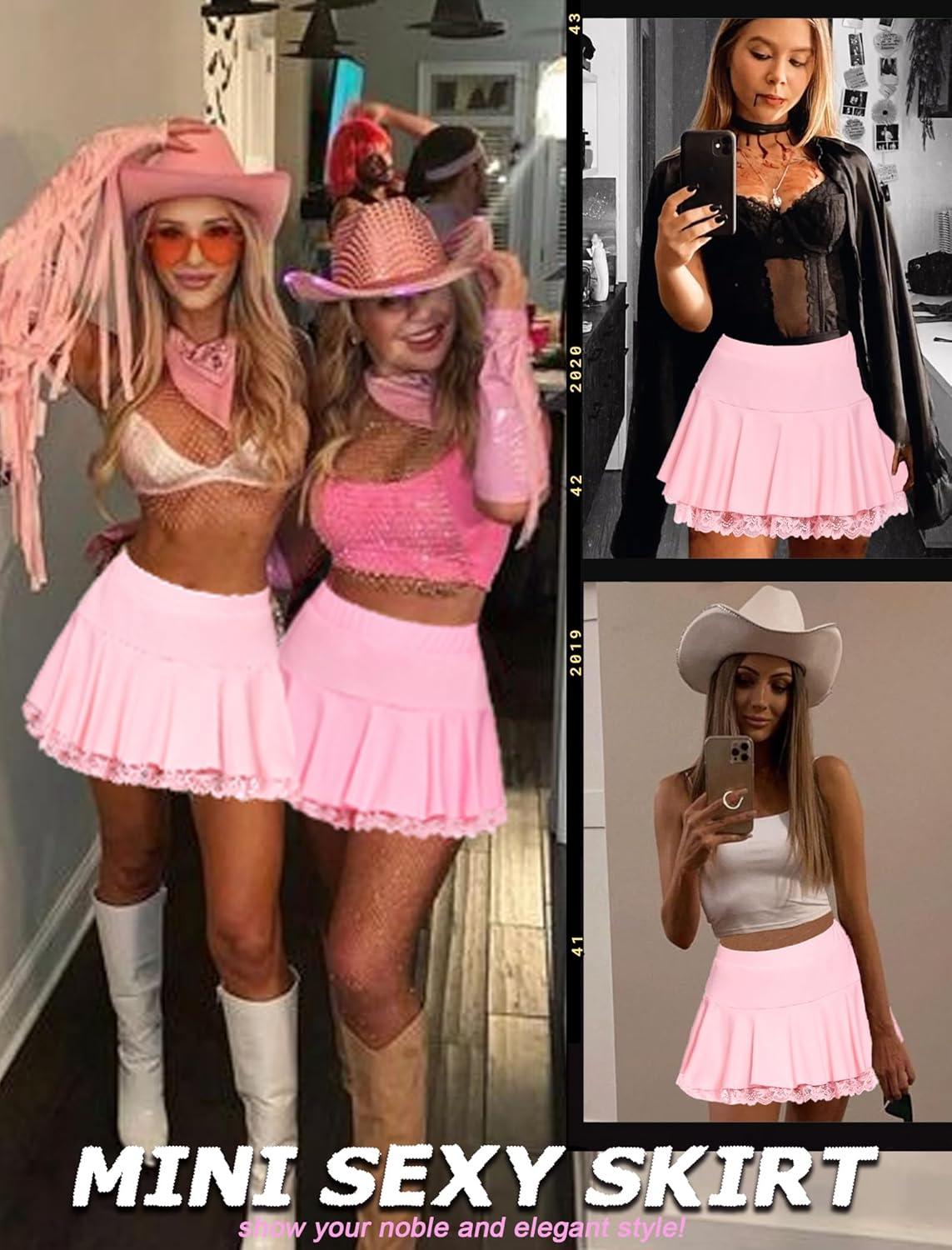 imageAvidlove Women Pleated Mini Skirt Sexy Lace Ruffle Solid Skirt Lingerie Short SkirtsPink