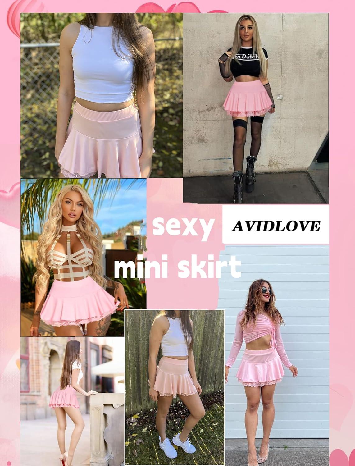 imageAvidlove Women Pleated Mini Skirt Sexy Lace Ruffle Solid Skirt Lingerie Short SkirtsPink