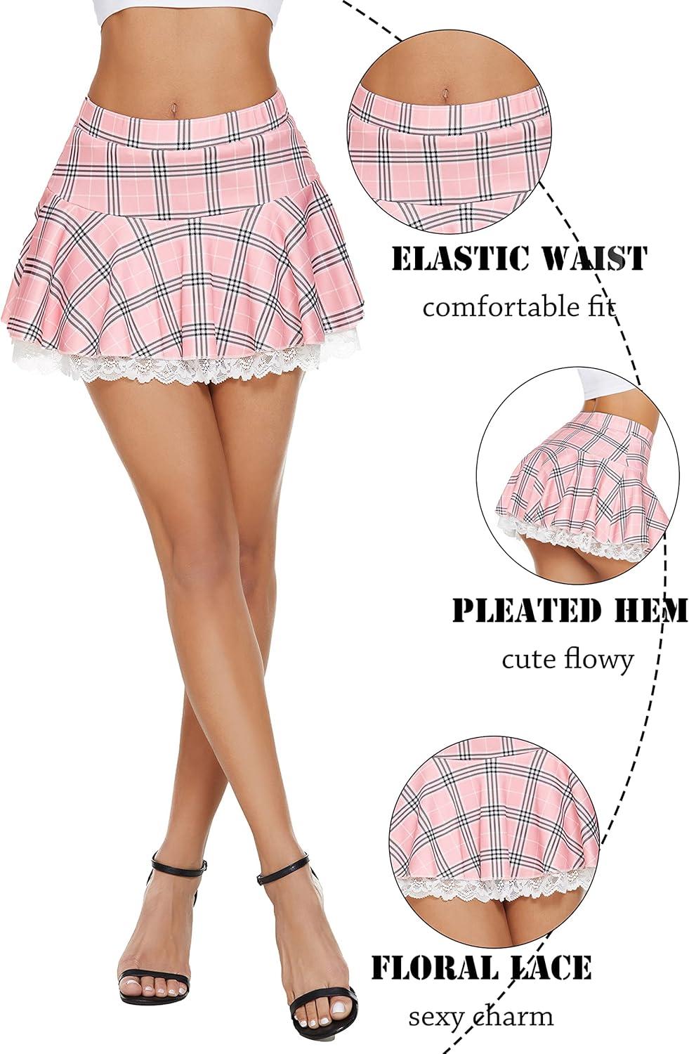 imageAvidlove Women Pleated Mini Skirt Sexy Lace Ruffle Solid Skirt Lingerie Short SkirtsPink Mixed White