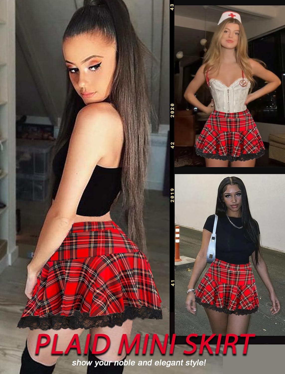 imageAvidlove Women Pleated Mini Skirt Sexy Lace Ruffle Solid Skirt Lingerie Short SkirtsRed Plaid