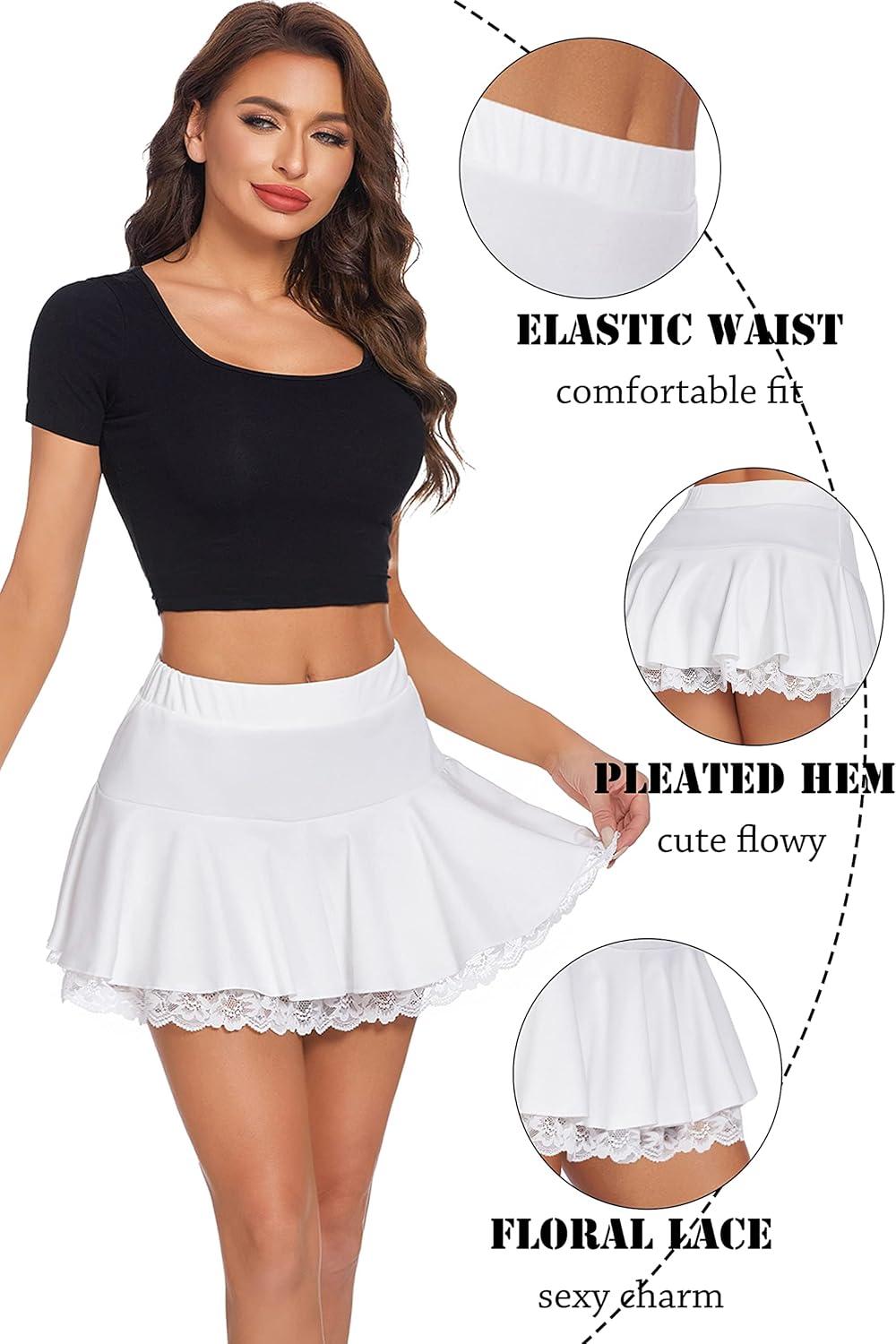 imageAvidlove Women Pleated Mini Skirt Sexy Lace Ruffle Solid Skirt Lingerie Short SkirtsWhite
