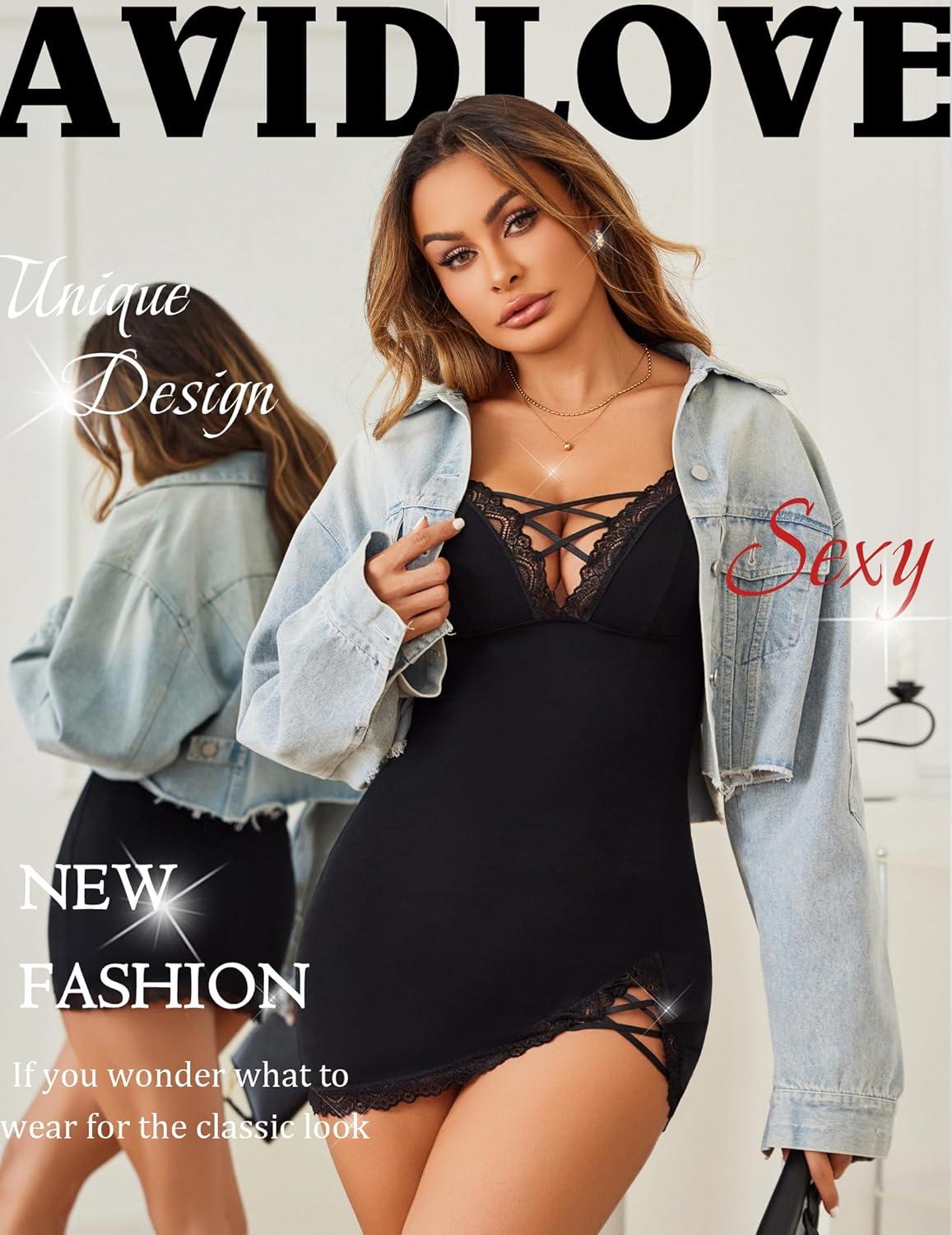 imageAvidlove Women Sexy Nightgown Lace Babydoll Chemises VNeck Modal Sleepwear Full Slip Side Slit Sleep Dress XSXXLBlack