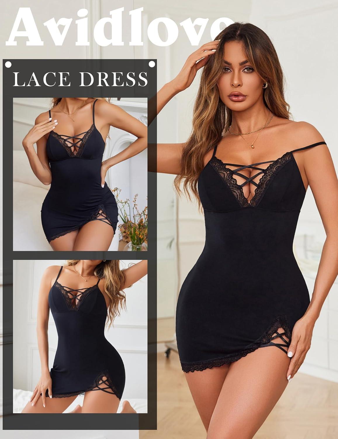imageAvidlove Women Sexy Nightgown Lace Babydoll Chemises VNeck Modal Sleepwear Full Slip Side Slit Sleep Dress XSXXLBlack