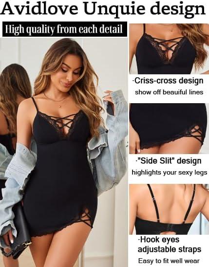 imageAvidlove Women Sexy Nightgown Lace Babydoll Chemises VNeck Modal Sleepwear Full Slip Side Slit Sleep Dress XSXXLBlack