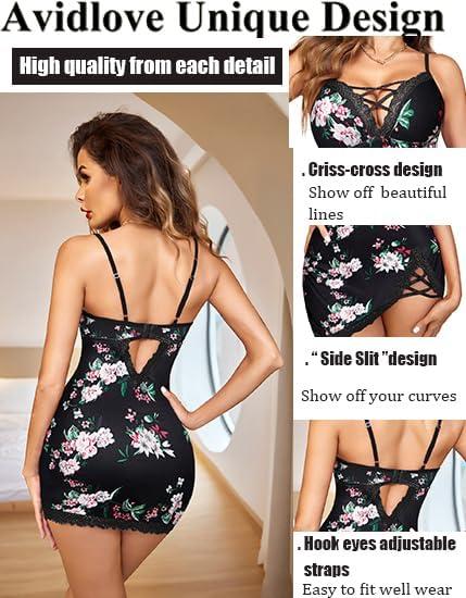 imageAvidlove Women Sexy Nightgown Lace Babydoll Chemises VNeck Modal Sleepwear Full Slip Side Slit Sleep Dress XSXXLBlack Flower