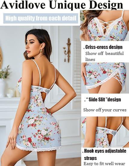 imageAvidlove Women Sexy Nightgown Lace Babydoll Chemises VNeck Modal Sleepwear Full Slip Side Slit Sleep Dress XSXXLBlue Floral