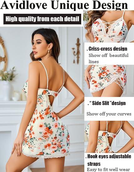 imageAvidlove Women Sexy Nightgown Lace Babydoll Chemises VNeck Modal Sleepwear Full Slip Side Slit Sleep Dress XSXXLCrushed Flowers
