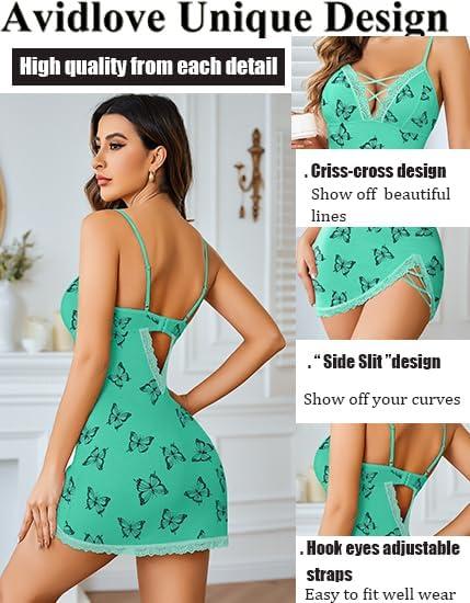 imageAvidlove Women Sexy Nightgown Lace Babydoll Chemises VNeck Modal Sleepwear Full Slip Side Slit Sleep Dress XSXXLGreenbutterfly