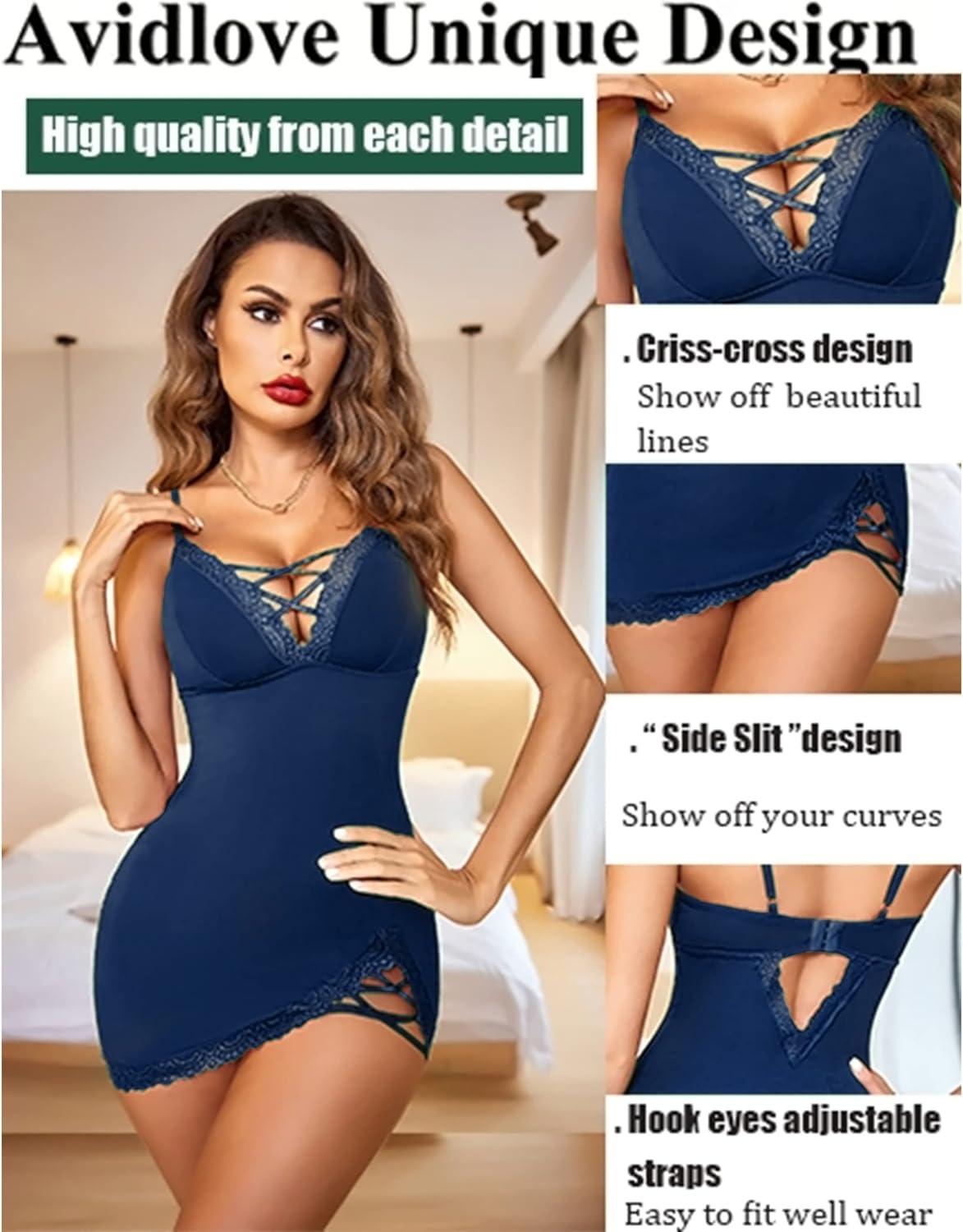imageAvidlove Women Sexy Nightgown Lace Babydoll Chemises VNeck Modal Sleepwear Full Slip Side Slit Sleep Dress XSXXLNavy Blue