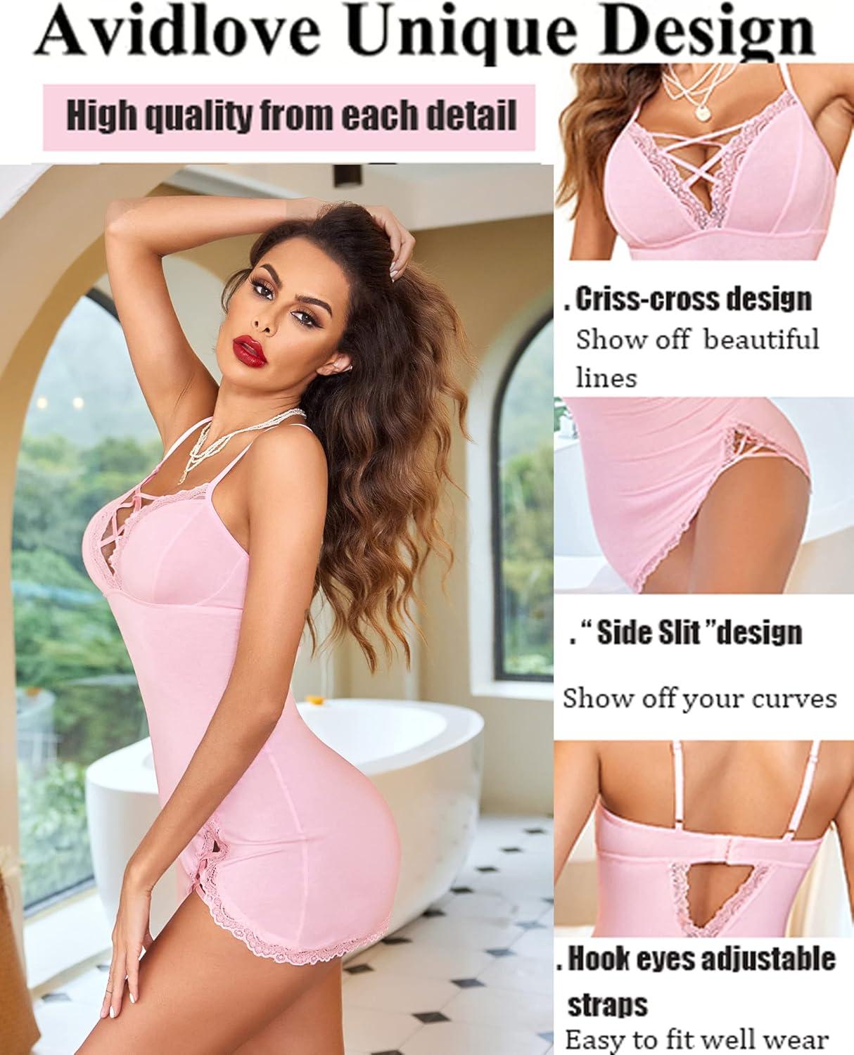 imageAvidlove Women Sexy Nightgown Lace Babydoll Chemises VNeck Modal Sleepwear Full Slip Side Slit Sleep Dress XSXXLPink