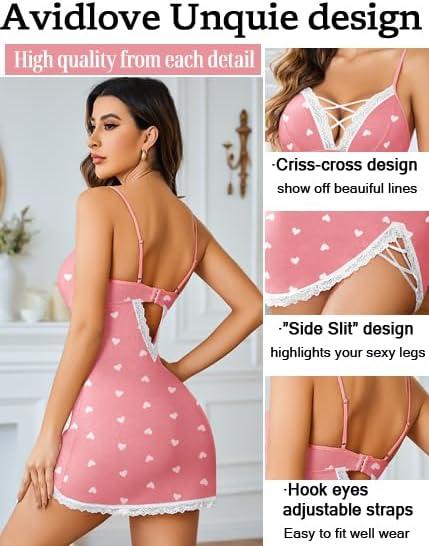 imageAvidlove Women Sexy Nightgown Lace Babydoll Chemises VNeck Modal Sleepwear Full Slip Side Slit Sleep Dress XSXXLPink Heart