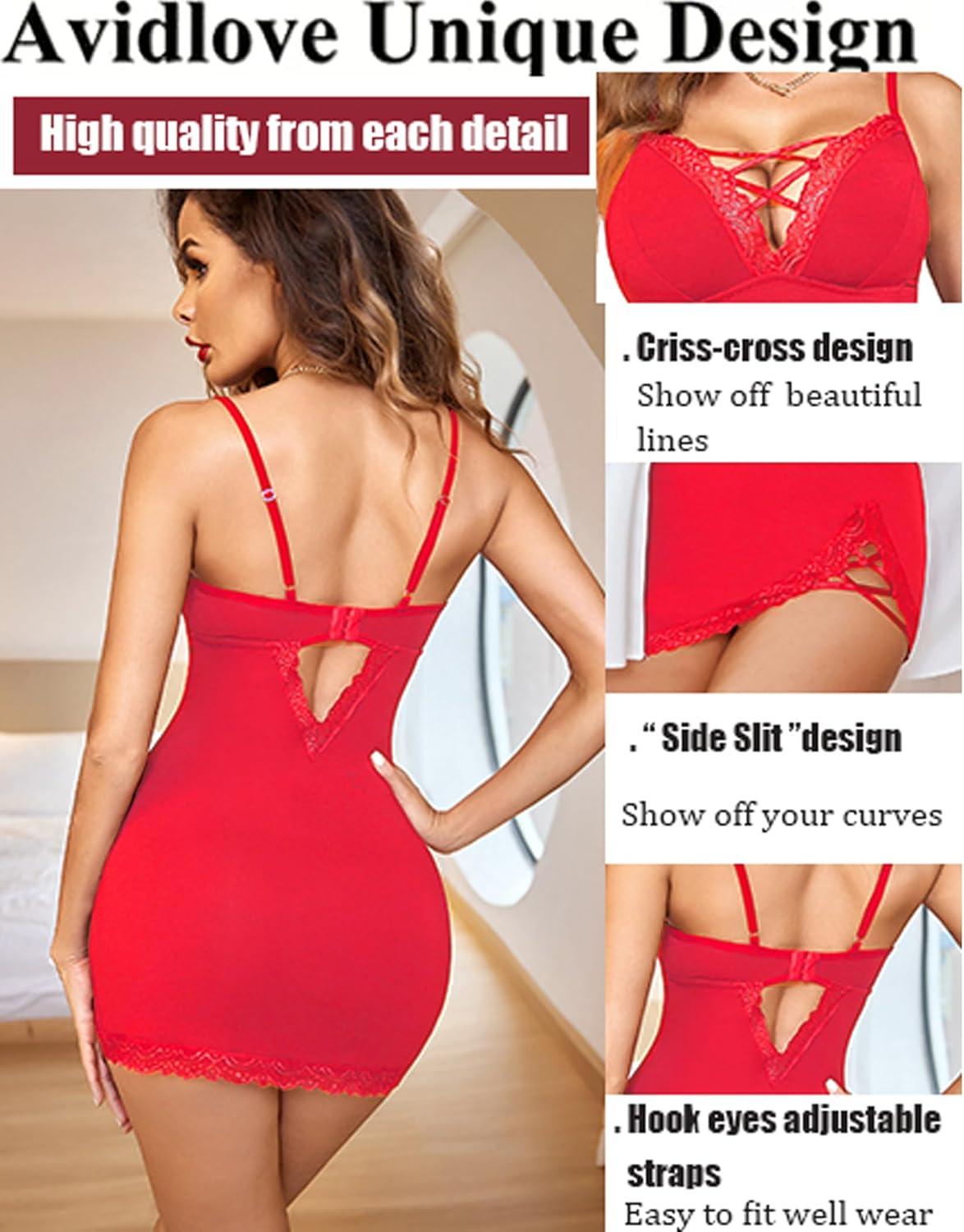 imageAvidlove Women Sexy Nightgown Lace Babydoll Chemises VNeck Modal Sleepwear Full Slip Side Slit Sleep Dress XSXXLRed