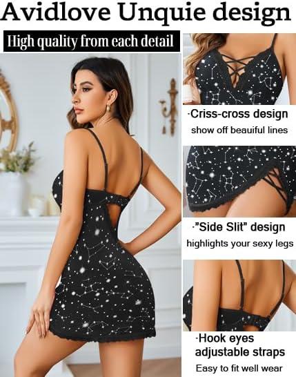 imageAvidlove Women Sexy Nightgown Lace Babydoll Chemises VNeck Modal Sleepwear Full Slip Side Slit Sleep Dress XSXXLStarry Sky