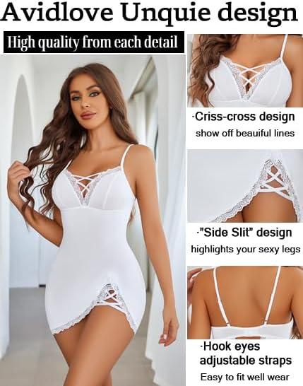 imageAvidlove Women Sexy Nightgown Lace Babydoll Chemises VNeck Modal Sleepwear Full Slip Side Slit Sleep Dress XSXXLWhite