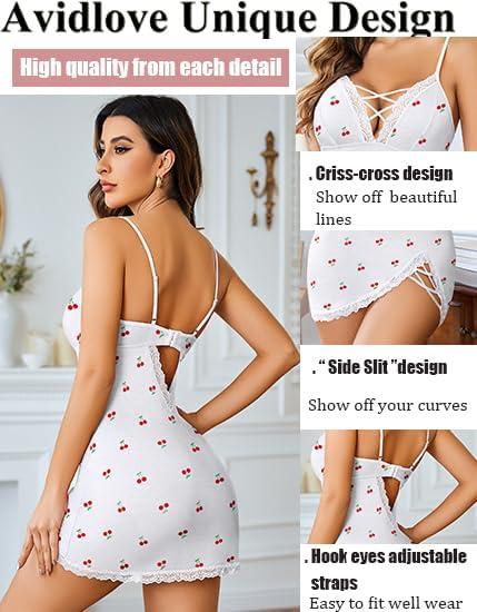 imageAvidlove Women Sexy Nightgown Lace Babydoll Chemises VNeck Modal Sleepwear Full Slip Side Slit Sleep Dress XSXXLWhite Cherry
