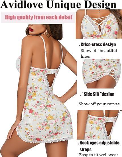 imageAvidlove Women Sexy Nightgown Lace Babydoll Chemises VNeck Modal Sleepwear Full Slip Side Slit Sleep Dress XSXXLWhite Floral
