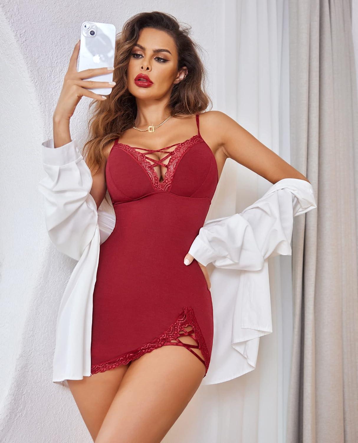 imageAvidlove Women Sexy Nightgown Lace Babydoll Chemises VNeck Modal Sleepwear Full Slip Side Slit Sleep Dress XSXXLWine Red