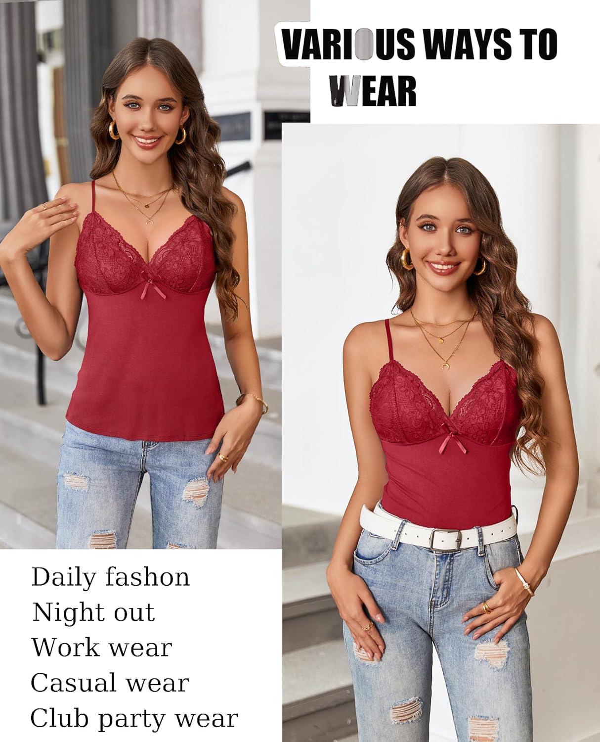 imageAvidlove Womens Camisole Tank Tops Lace Spaghetti Strap Sleeveless Top V Neck Slim Basic Cami Tops Lingerie Wine Red